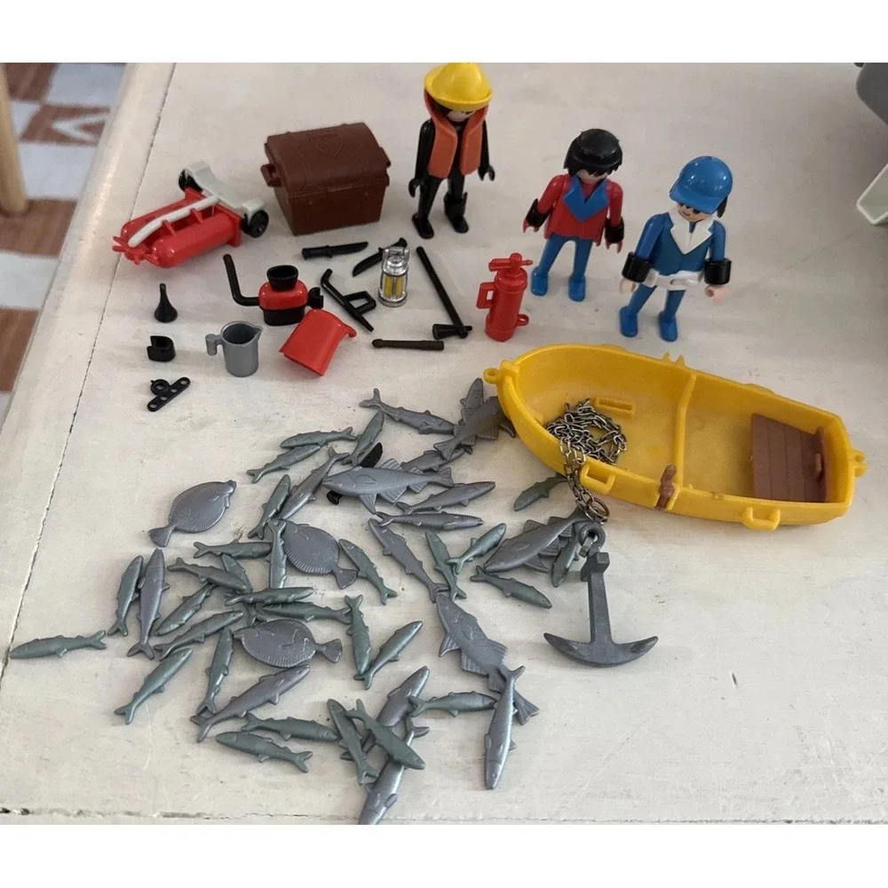 Playmobil Vintage Set Pirate Police Firemen Fish Anchor Woods Axe Knife Lot